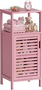 HITNET Small Bathroom Storage Cabinet, Bamboo Floor Cabinet Single Door, Freestanding Narrow Side Organizer for Living Room Hallway Entryway, Pink