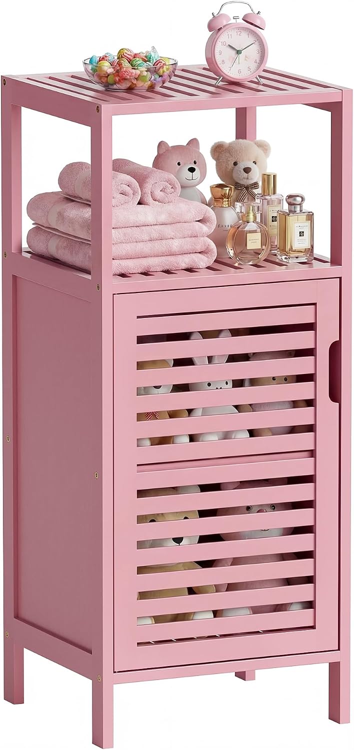 HITNET Small Bathroom Storage Cabinet, Bamboo Floor Cabinet Single Door, Freestanding Narrow Side Organizer for Living Room Hallway Entryway, Pink