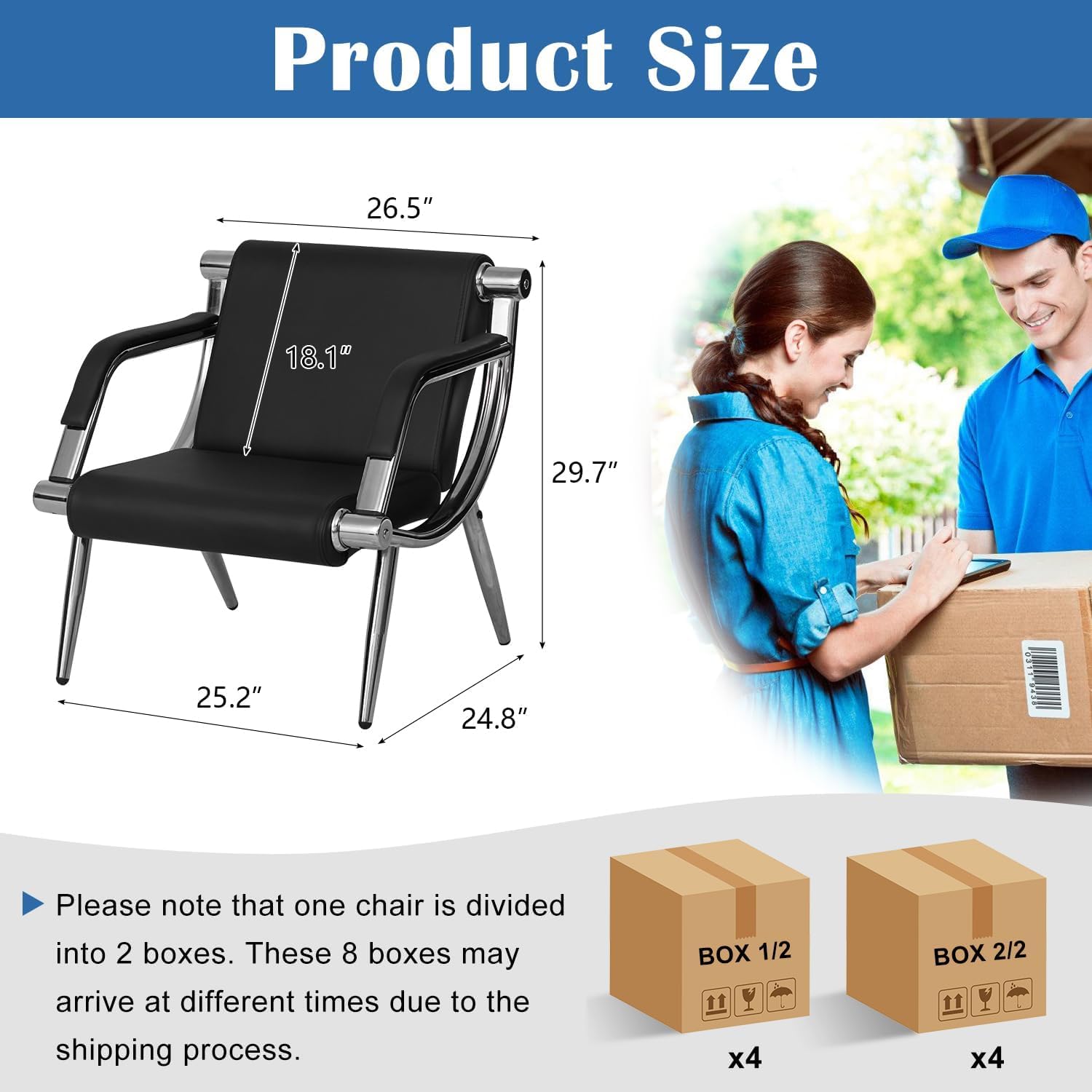 kinbor 4 PCS Waiting Room Guest Chairs, PU Leather Office Reception Chair, Lobby Furniture Reception Sofa Seat with Arms for Airport Salon Clinic, Black
