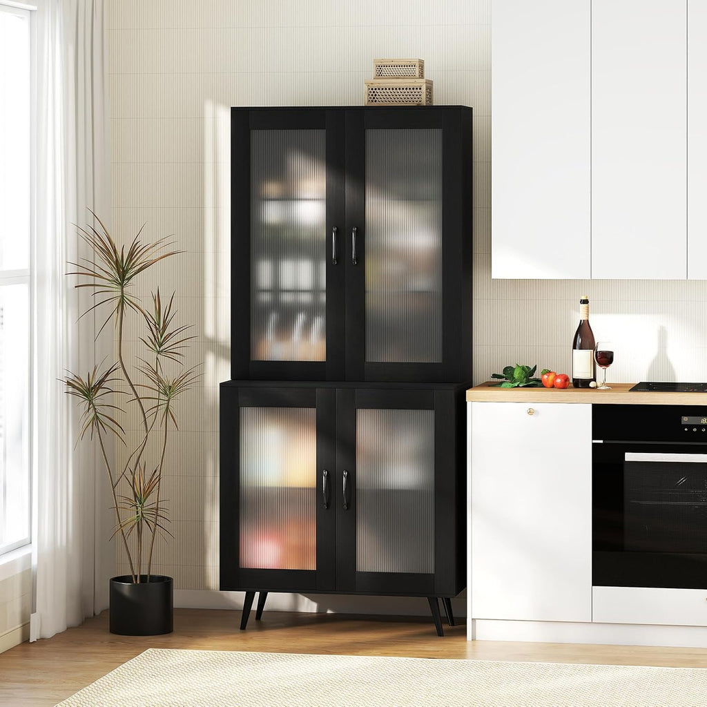 70.5”H Pantry Cabinet, 5-Tier Food Pantry with 4 Transparent Doors & Adjustable Shelves & Metal Legs, Tall Storage Cabinet for Kitchen, Living Room, Dining Room, Home Office, Bathroom (Black)