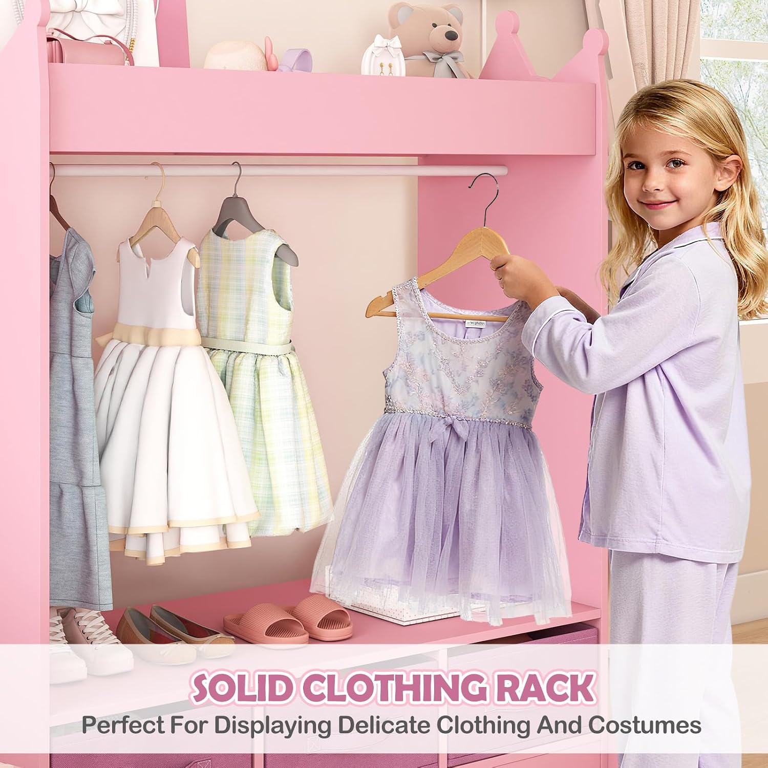 COSVALVE Kids Dress Up Storage with Mirror and Drawers, Kid Armoire Dresser, Pretend Storage Closet for Kids, Costume Wardrobe with Top Shelf for Playroom Bedroom, Lovely Pink