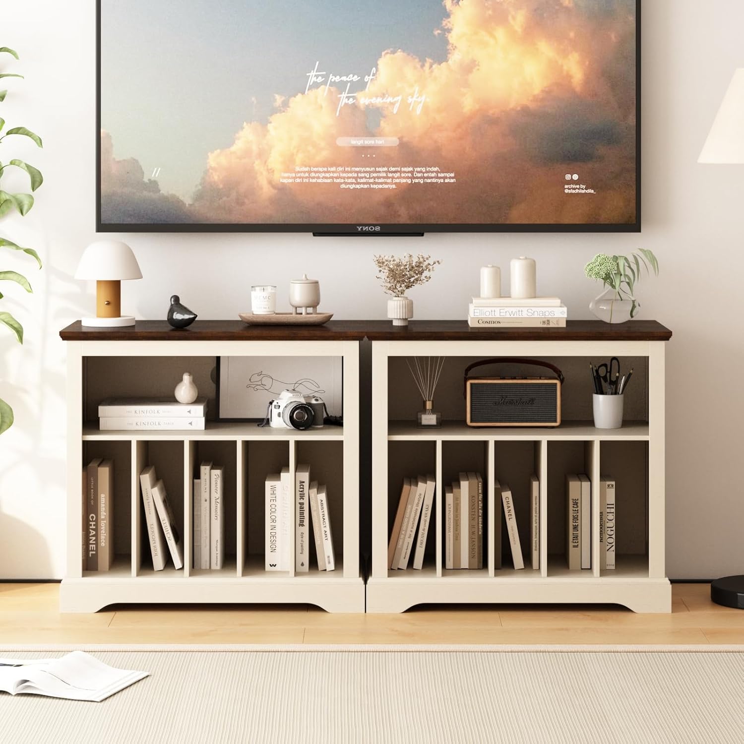 RowyPoey Large Farmhouse Record Player Stand, Turntable Stand with Vinyl Storage, Wood Record Holder Storage Cabinet Dispaly Shelf for Living Room, Bedroom, Office, Antique White