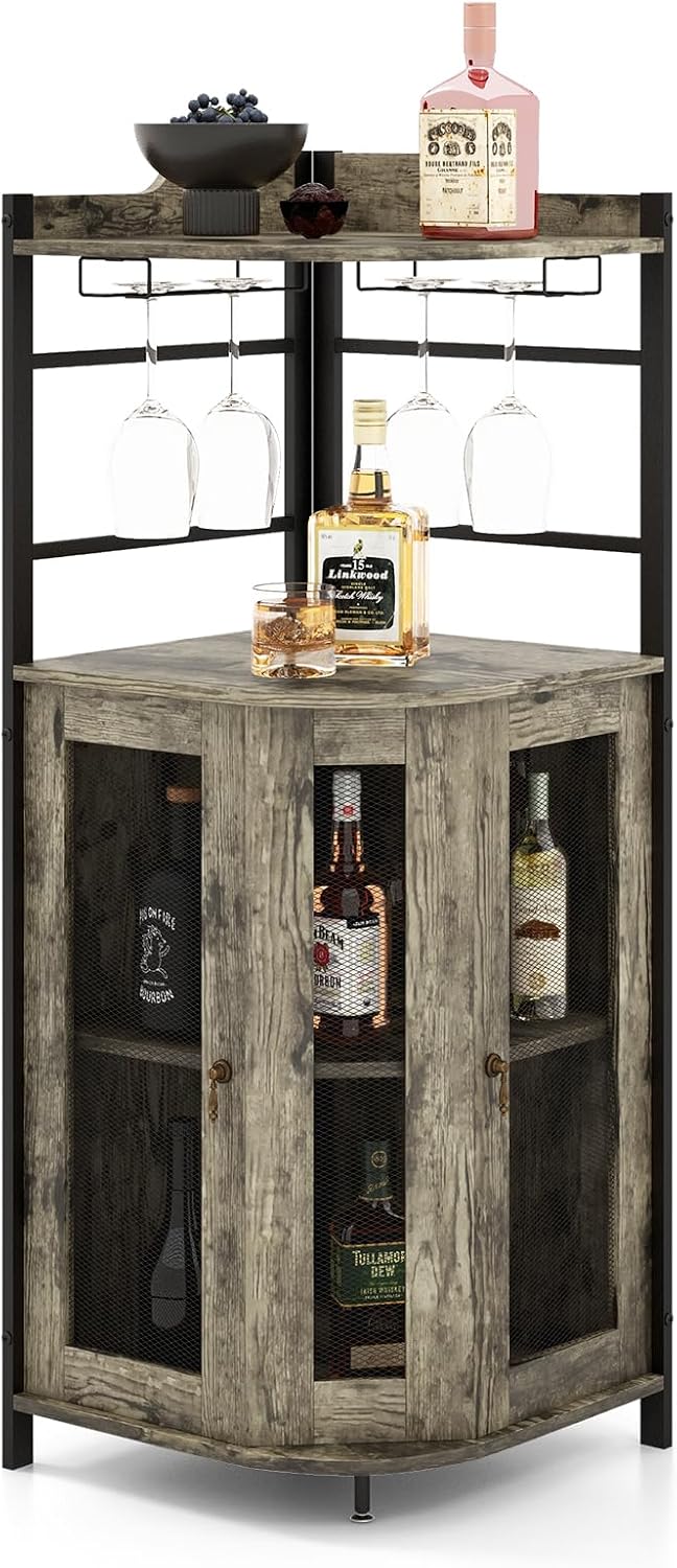 TANGZON Corner Bar Cabinet, 2 Mesh Doors Wine Cabinet with Glass Holders, Adjustable Shelf & Anti-Tipping Devices, Industrial Liquor Wine Drinks Storage Sideboard for Home Bar Kitchen Cellar