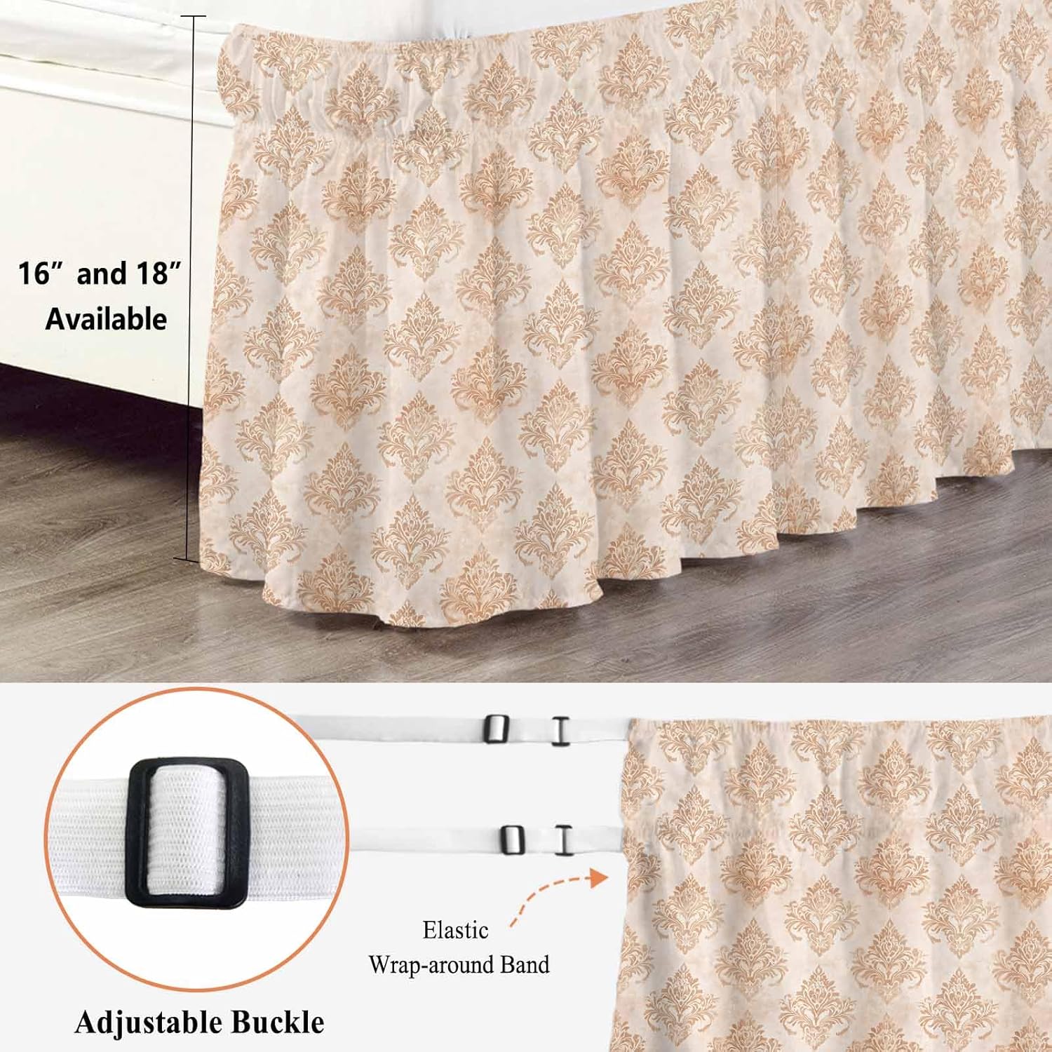 Vintage Boho Bed Skirt Cal King Size Bed Skirting 18 Inch Drop Adjustable Elastic Dust Ruffles Wrap Around Bedskirt Farmhouse Chic Traditional Floral Pattern Bedding Frame Cover for Cal King Size