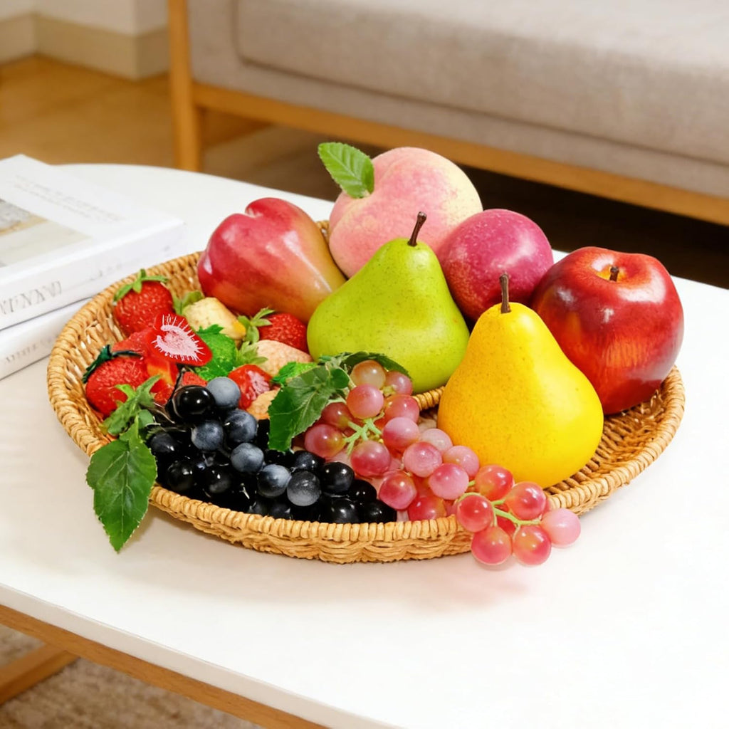 24Pcs Realistic Artificial Fruit Set,Fake Strawberries Grapes Plastic Wax Apples Pears Peaches Passion Fruits,Plastic Lifelike Fruits for Home Kitchen Cabinet Table Decor,Photography Props