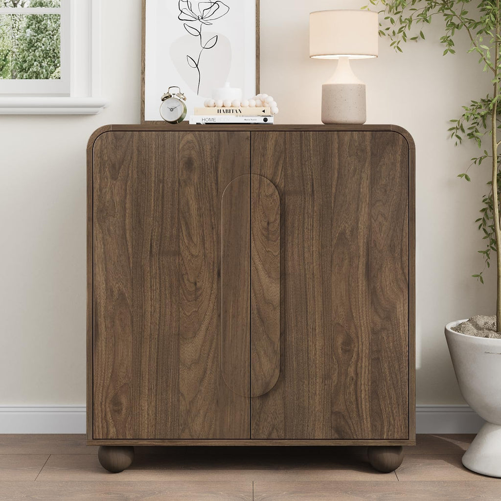 Smuxee Walnut Sideboard Cabinet, Freestanding Buffet Cabinet with Spherical Feet, Wood Storage Cabinet with Adjustable Shelf for Living Room, Entryway, Hallway