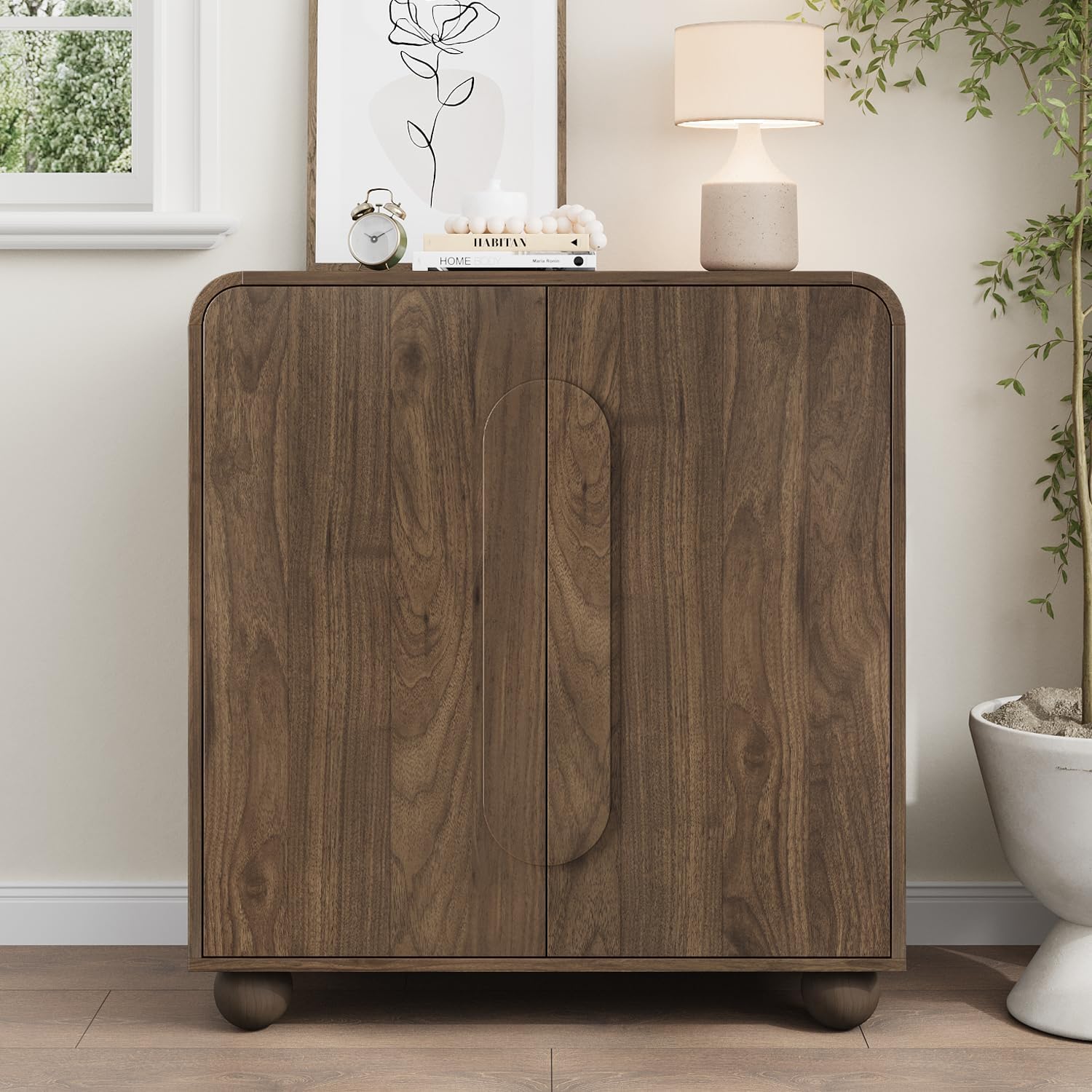 Smuxee Walnut Sideboard Cabinet, Freestanding Buffet Cabinet with Spherical Feet, Wood Storage Cabinet with Adjustable Shelf for Living Room, Entryway, Hallway
