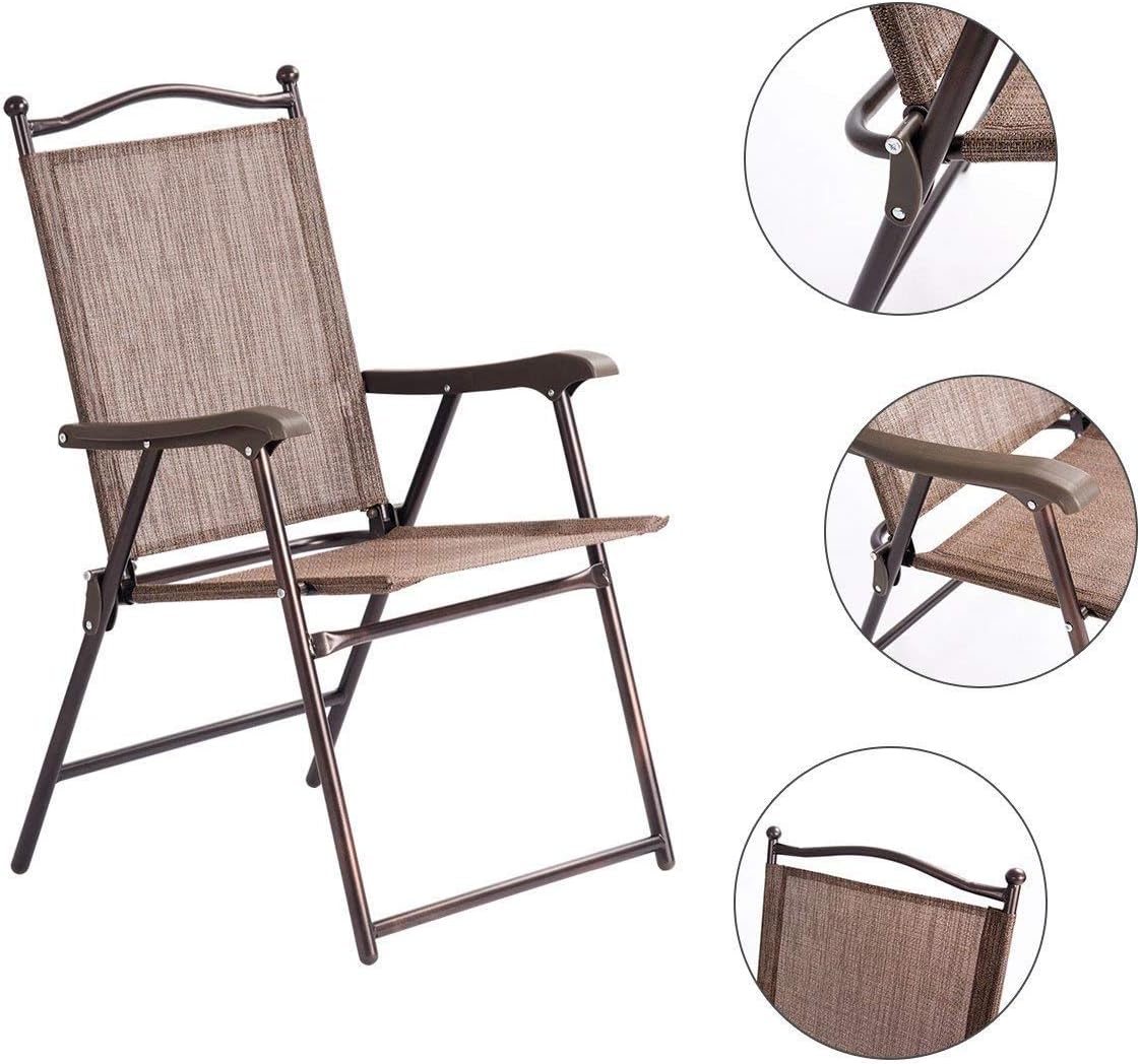 Giantex Set of 2 Patio Folding Chairs, Outdoor Patio Dining Chairs w/Armrest, Sling Back, Metal Frame, Outside Use for Lawn Camping Garden Pool Beach Yard Lounge, No Assembly, Brown