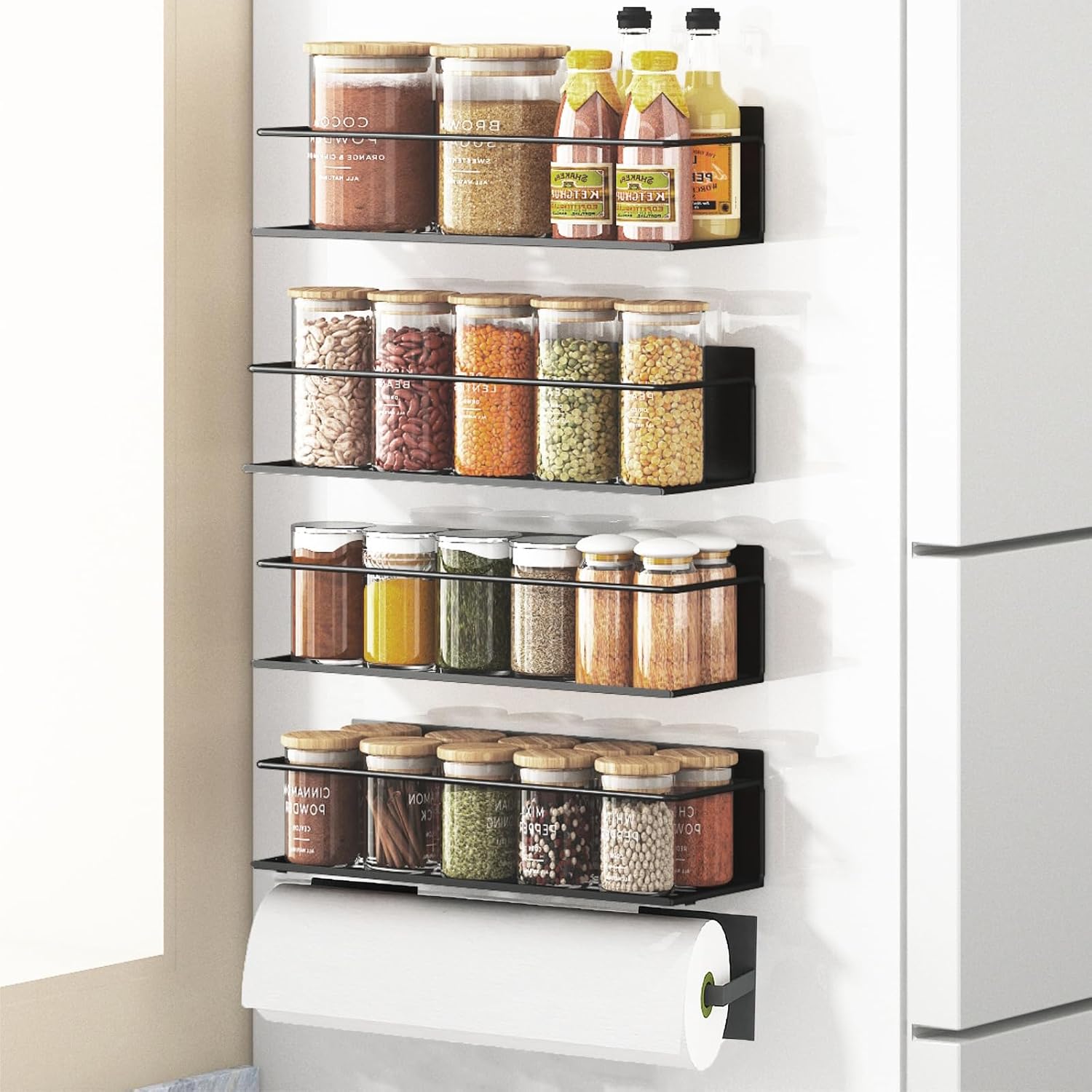 Magnetic Spice Rack For Refrigerator, Space Saving Magnetic Shelf For Fridge Matt Black 4 Pack With Magnetic Paper Towel Holder