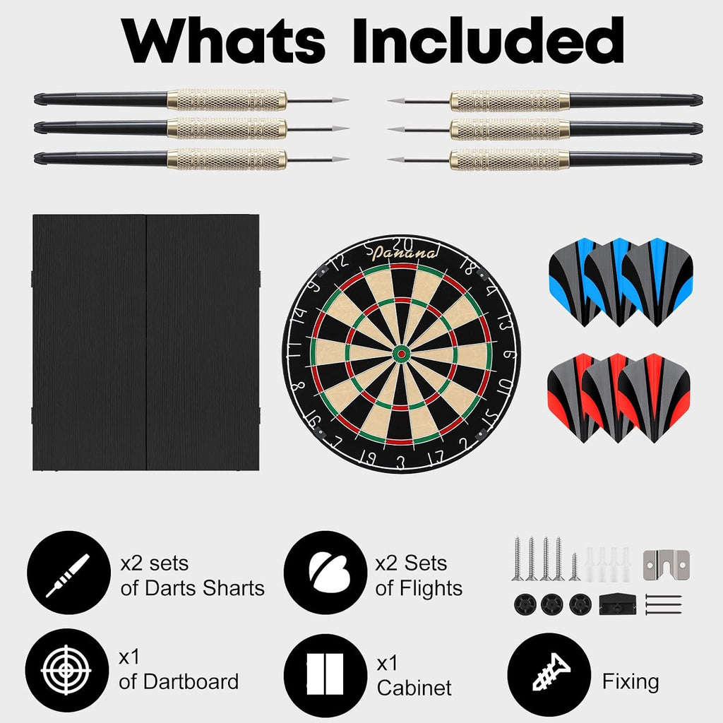 Panana Steel Tip Dartboard Cabinet Set with 6 Darts, 2 Sets of Flights, and Scoreboard Doors for Family Game Pub Target Board