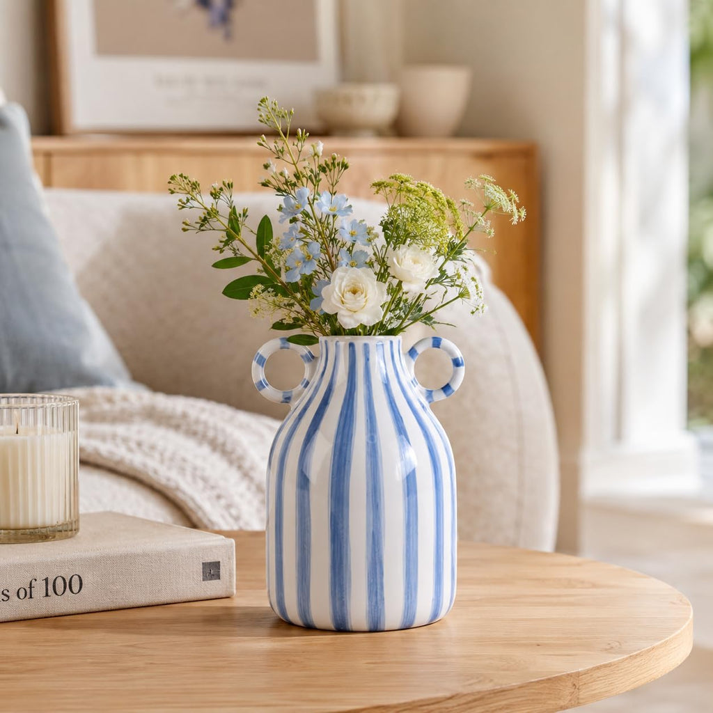 Blue and White Ceramic Vase with Handle, Nordic Boho Small Vases Side Table Flower Centerpiece, Wide Mouth Single Flower Vase Pampas Grass Decorative - for Home Window Sill Living Dining Room Kitchen