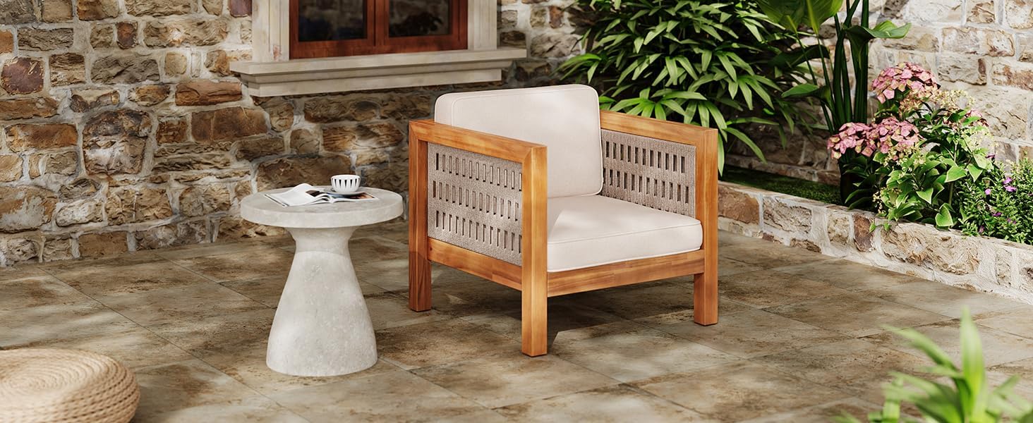 Outdoor Club Chair Set of 2 — Acacia Wood Frame, Wicker Armrests & Beige Cushions, 400 lbs Capacity, for Patio Garden Backyard