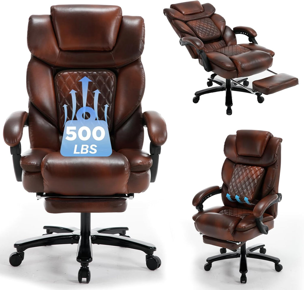 Big and Tall Recliner Office Chair with Footrest, Wide Seat Heavy Duty Reclining Office Desk Chair for 500lbs Heavy People, Black Brown