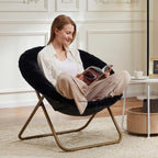 DUMOS Saucer Chair, Cozy Faux Fur Folding Chair with Sturdy Metal Frame, Oversized Soft Plush Round Lounge for Bedroom Living Room Dorm, Anti-Slip Portable Moon Seat, Black
