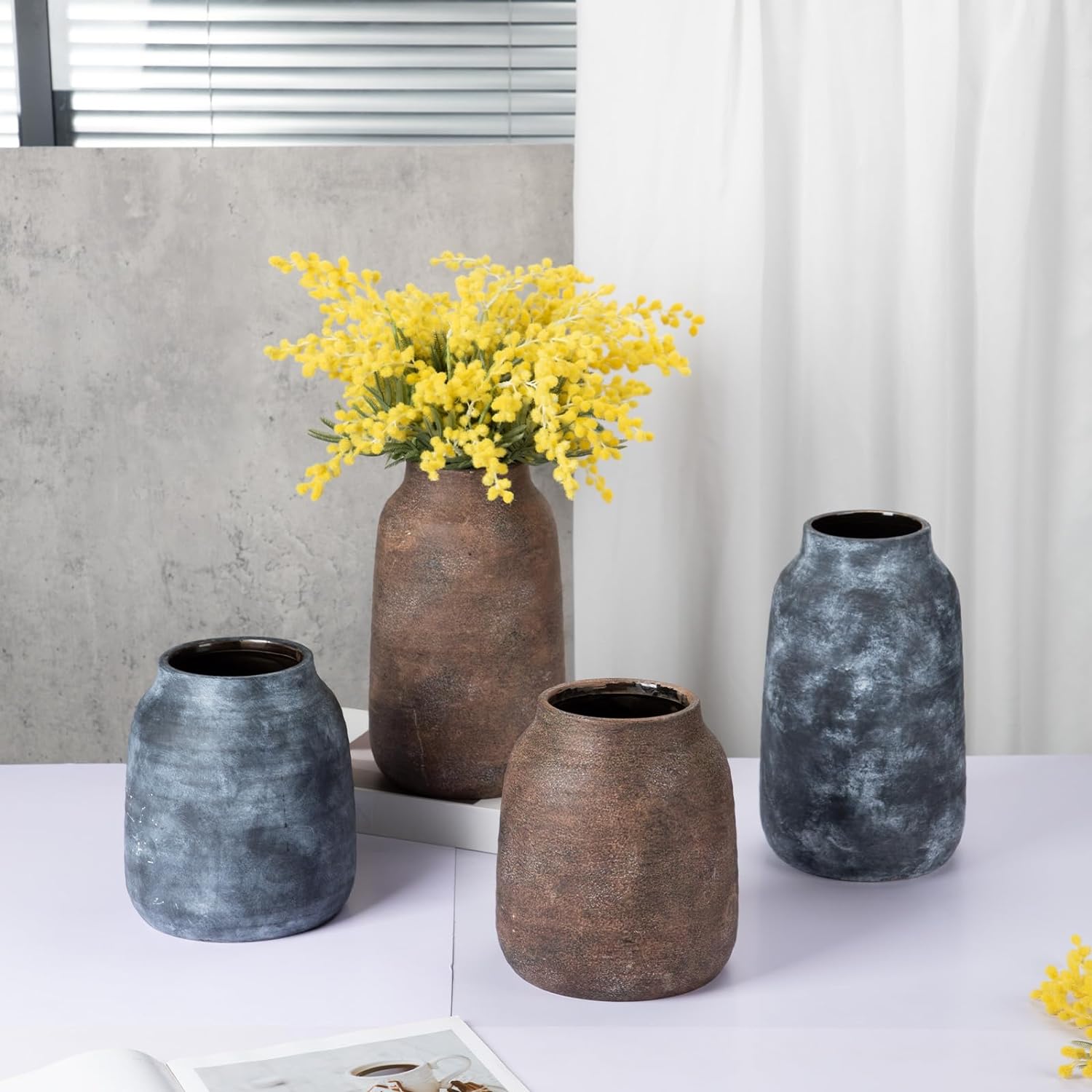 Briful Tall Rustic Ceramic Vase 9.6” – Vintage Distressed Pottery Flower Vase with Antique White-Wash Finish – Farmhouse Table Decor & Shelf Accent (Not Waterproof), Brown