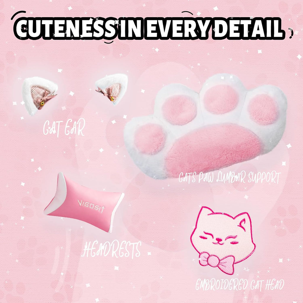 Vigosit Pink Cat Ear Gaming Chair with Footrest - Cute Gaming Chair for Girls, 310lbs Capacity, Adjustable Height & Lumbar Support, Ergonomic Computer Chair for Teens