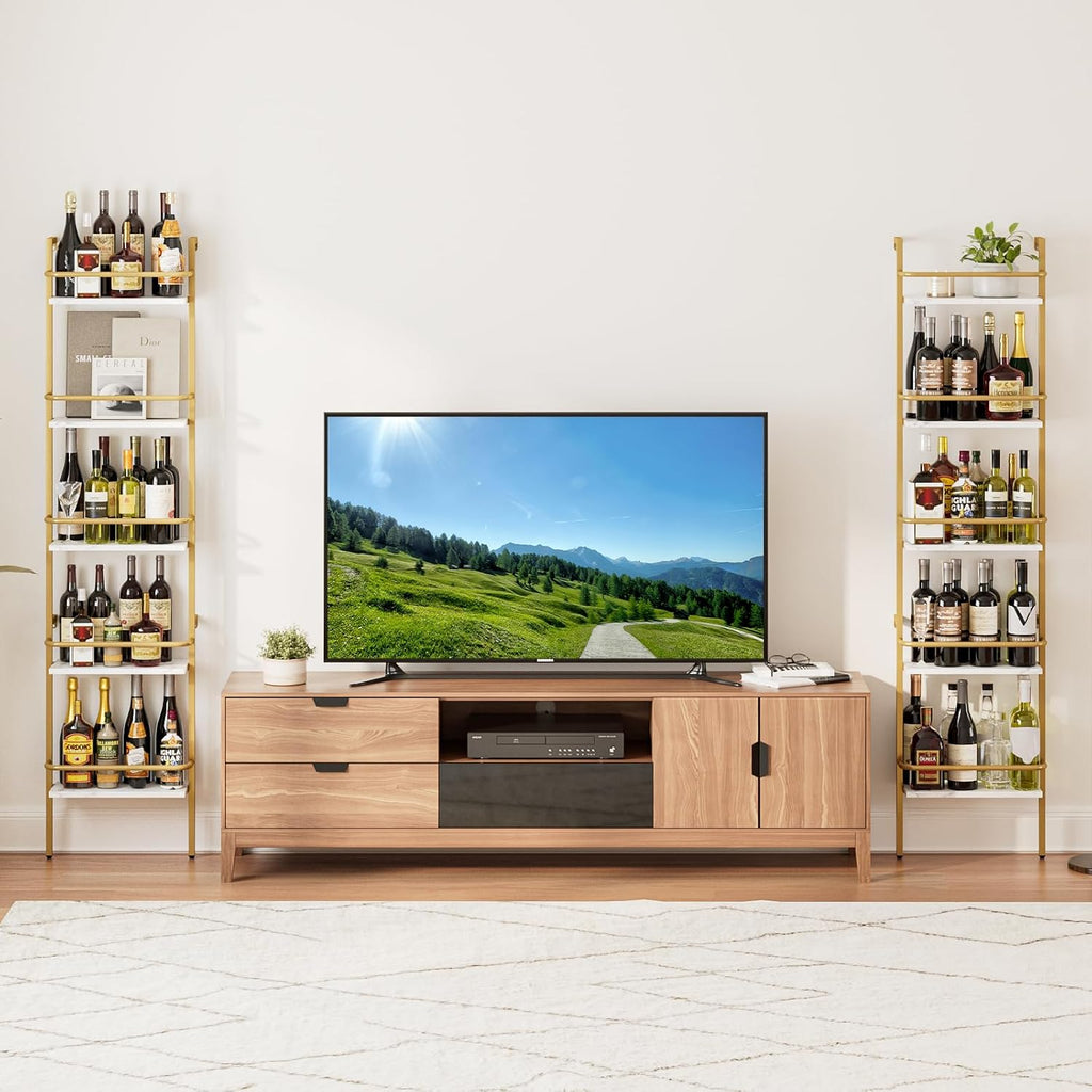 5-Tier Wine Rack Wall Mounted, Wine Racks Freestanding Floor with Fences, 50 Bottles Wine Bottle Holder Liquor Cabinet Bar Shelves for Home, Kitchen, Dining Room (Gold)