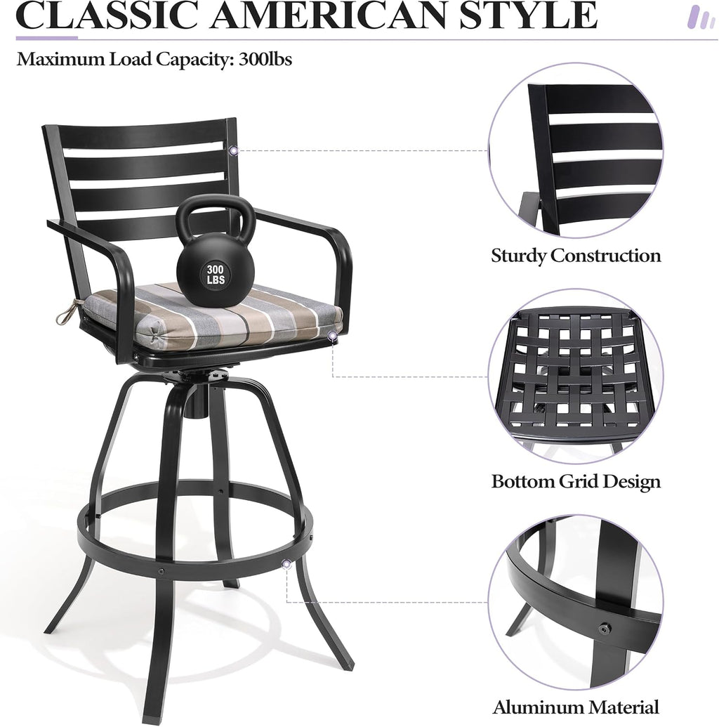 Crestlive Products Heavy Duty Cast Aluminum Outdoor Swivel Bar Stools with Sunbrella Cushion, Patio Bar Height Chair Set of 4, All Weather Black Finish for Outside, Commercial Grade(Milano Char)