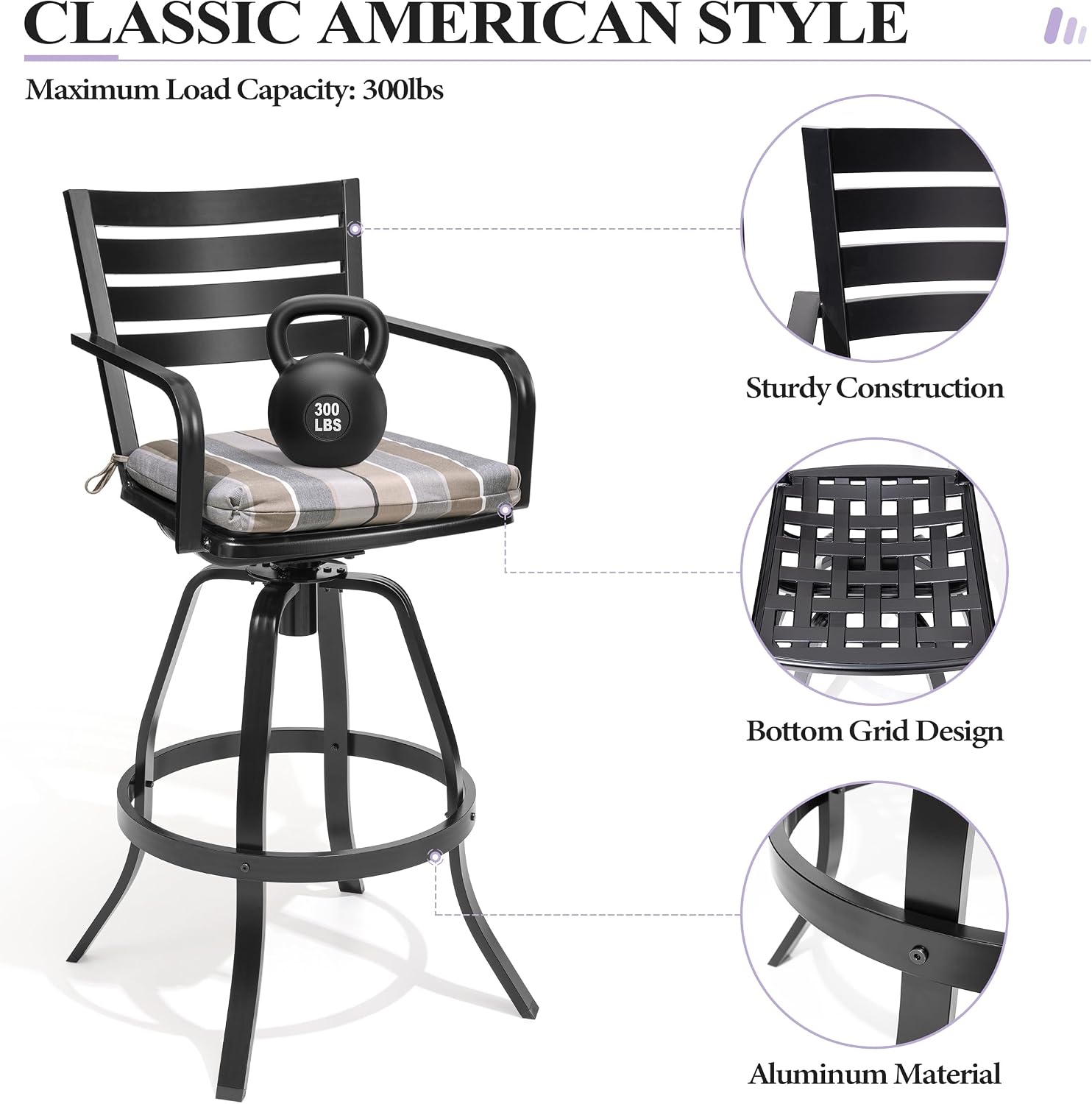 Crestlive Products Heavy Duty Cast Aluminum Outdoor Swivel Bar Stools with Sunbrella Cushion, Patio Bar Height Chair Set of 4, All Weather Black Finish for Outside, Commercial Grade(Milano Char)