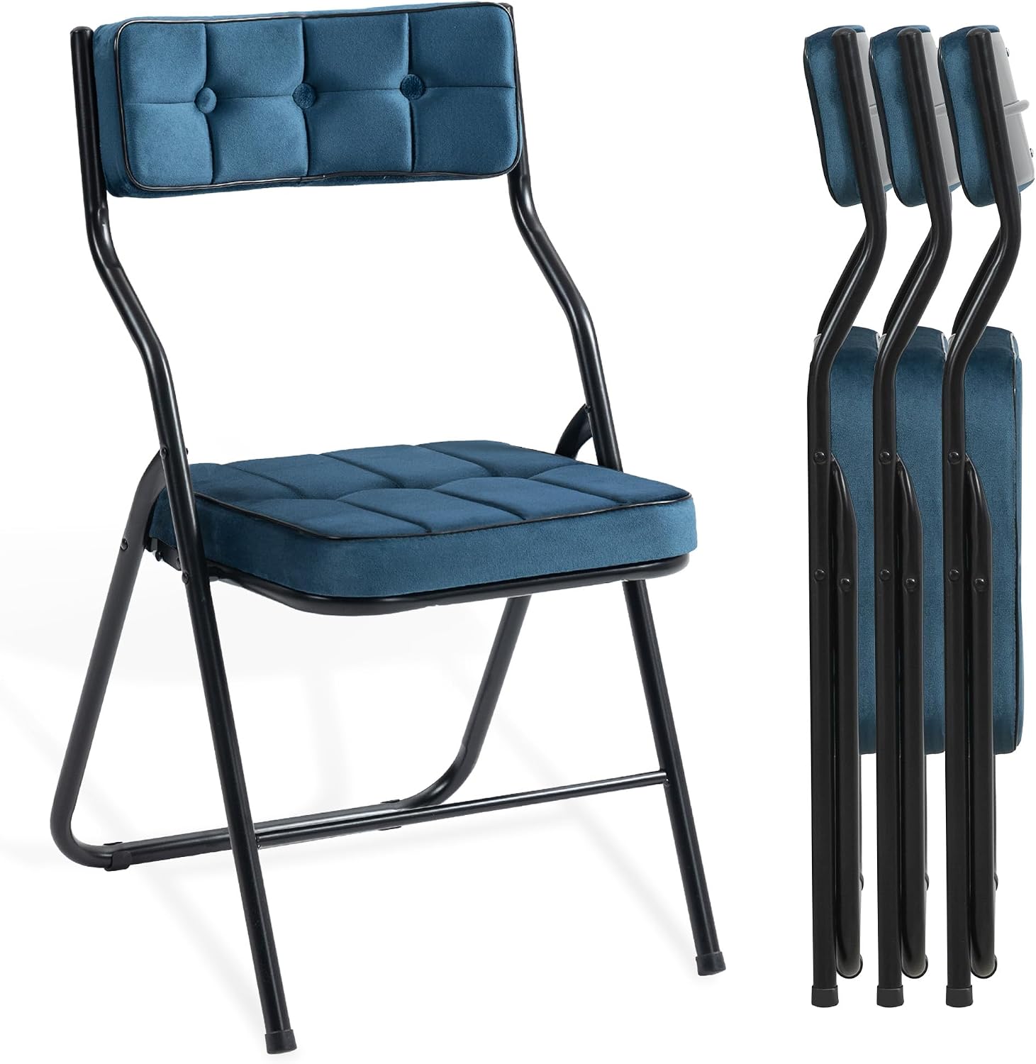 Padded Folding Chairs Set of 4, Heavy Duty Folding Chairs with Cushion, Portable and Comfortable Sets for Dining, Office, Party, Card Table Bule