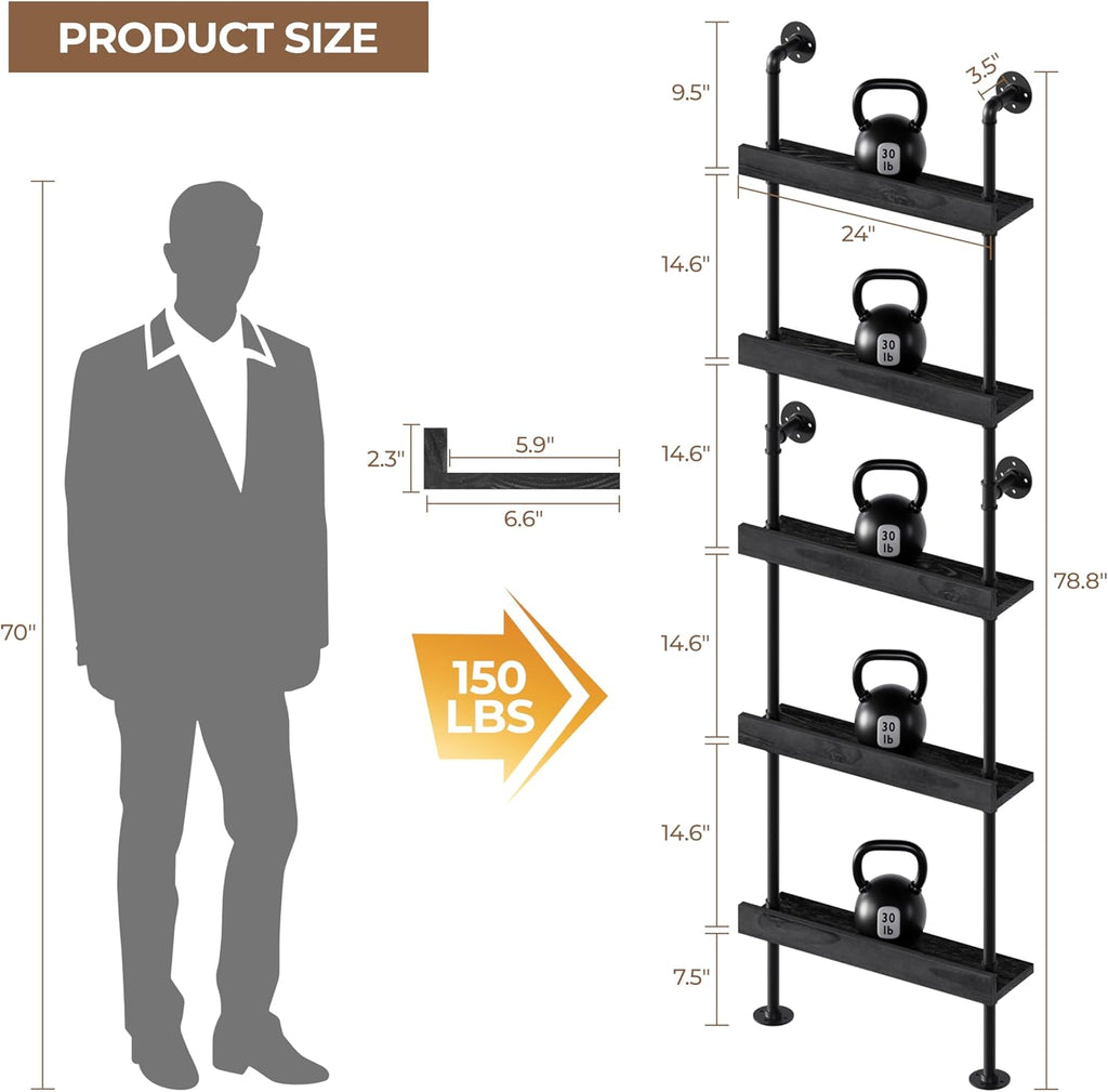 Industrial Wine Rack Wall Mounted, Industrial Pipe Bar Shelf for Wine Display, 5-Tier Rustic Hanging Organizer for Wine Bottle Storage in Kitchen, Bar, Pub, Cellar(Black, 24 Inch)