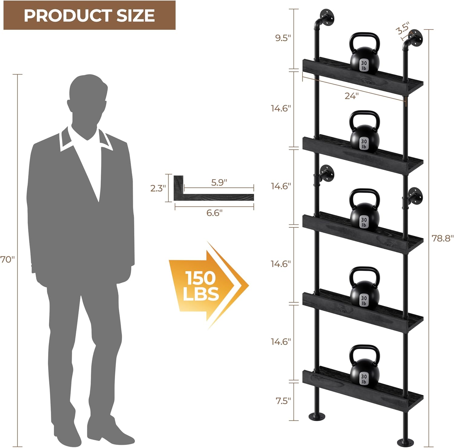 Industrial Wine Rack Wall Mounted, Industrial Pipe Bar Shelf for Wine Display, 5-Tier Rustic Hanging Organizer for Wine Bottle Storage in Kitchen, Bar, Pub, Cellar(Black, 24 Inch)