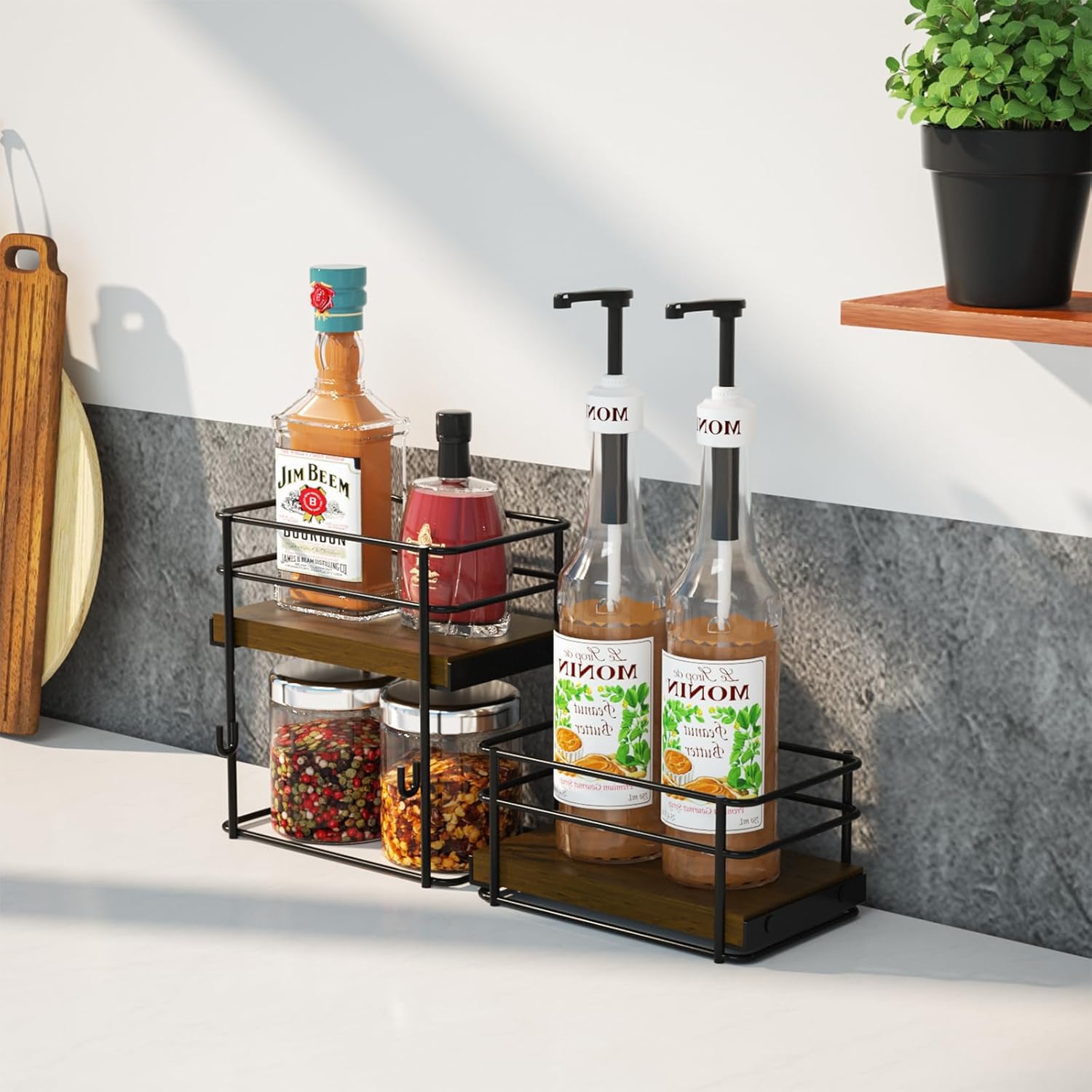 4 Bottle Coffee Syrup Rack Organizer 2 Tier Syrup Holder Stand for Coffee Bar Syrup Storage Shelves for Bar Family Storage Small Wine Rack for Syrup Wine Dressing
