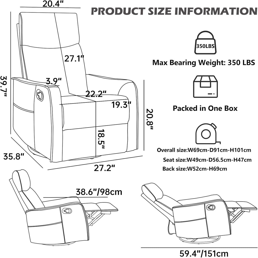 Trustyue Swivel Rocker Recliner Chair, 360° Swivel Recliner with Heat and Massage, Rocker Recliner Nursery Glider Chair with Side Pockets for Living Room (Light Blue, Fabric)