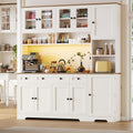 Pantry Cabinet with Glass Doors, 63" Kitchen Storage Cabinet with LED Light & Charging Station, Food Pantry Cabinet with 3 Drawers & Adjustable Shelves, Coffee Bar Cabinet for Dining Room, White