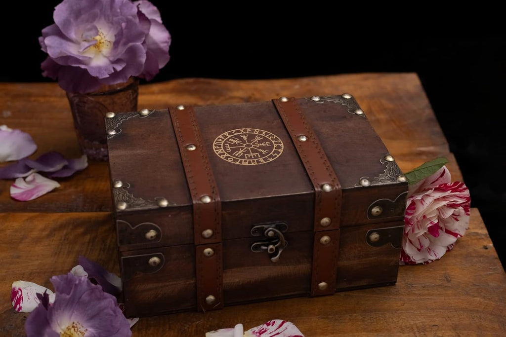 Gbrand 8.3" Wood and Leather The Runic Viking Compass Chest Box,Vegvisir Engraved Wooden Treasure Box with Velvet Lining,Vintage Tarot Box