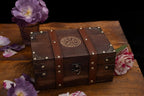 Gbrand 8.3" Wood and Leather The Runic Viking Compass Chest Box,Vegvisir Engraved Wooden Treasure Box with Velvet Lining,Vintage Tarot Box