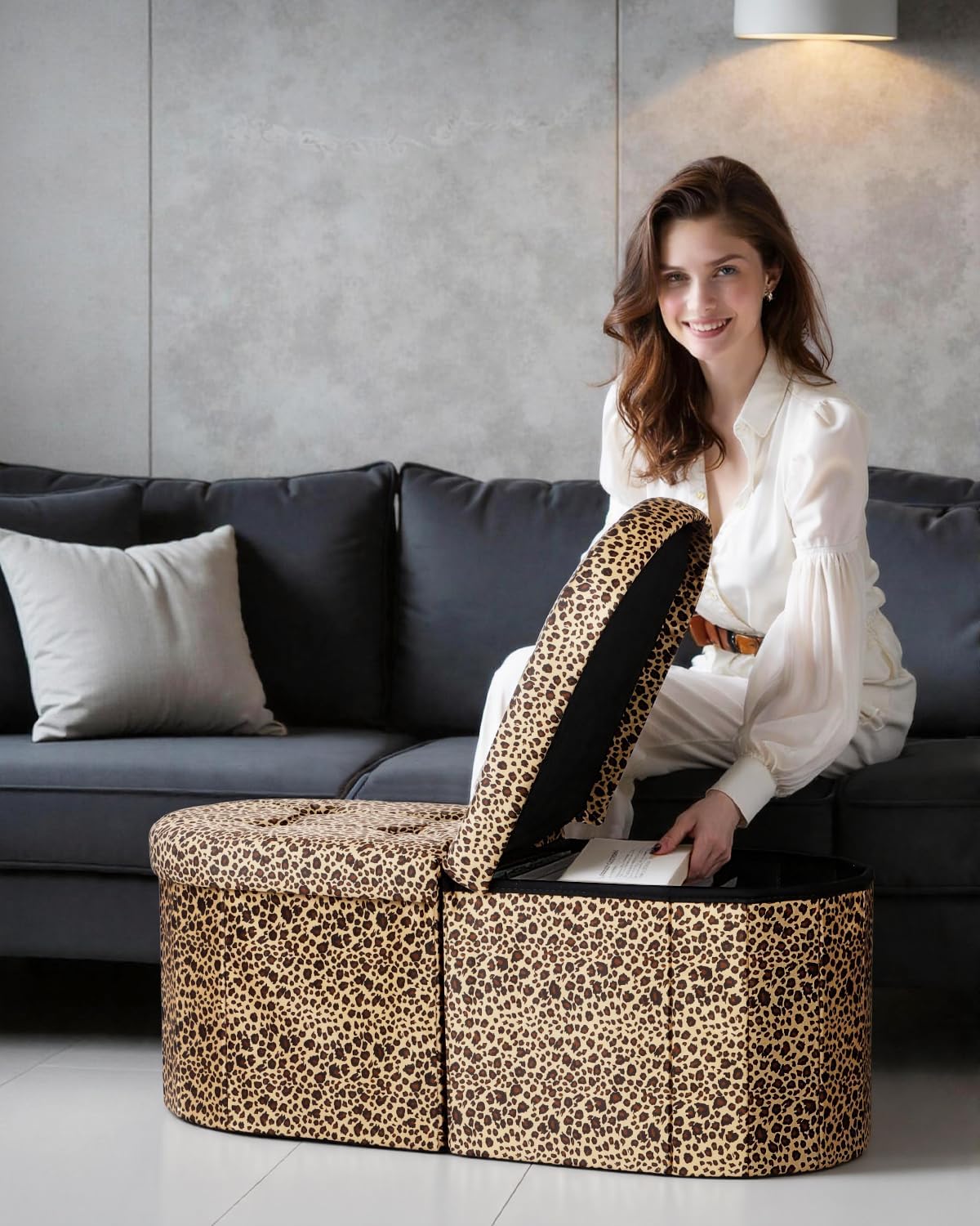 AmasSmile Footrest Ottoman Bench with Storage,34Inch Footstool, Coffee Table, Padded Seat, Storage Chest,Blanket Store with Flipping Lid for Livingroom and Bedroom (Leopard Print(Velvet))
