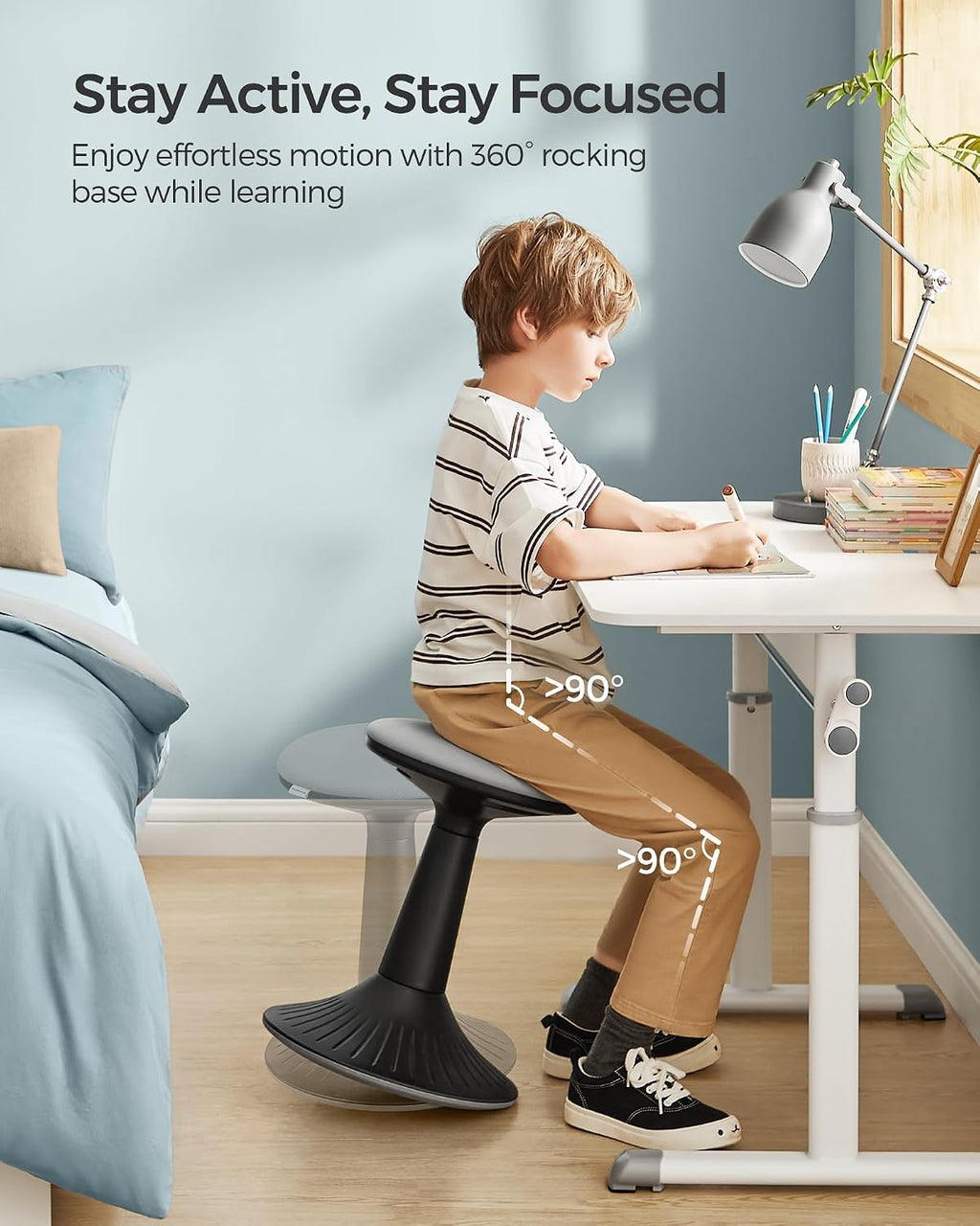 SONGMICS Kids Wobble Chair 6-12Y, Active Sitting Stool with Focus Support, 18.1" Height 154 lb Capacity, Anti-Slip Base Tool-Free Assembly, Ink Black and Dove Gray UOSC010B01
