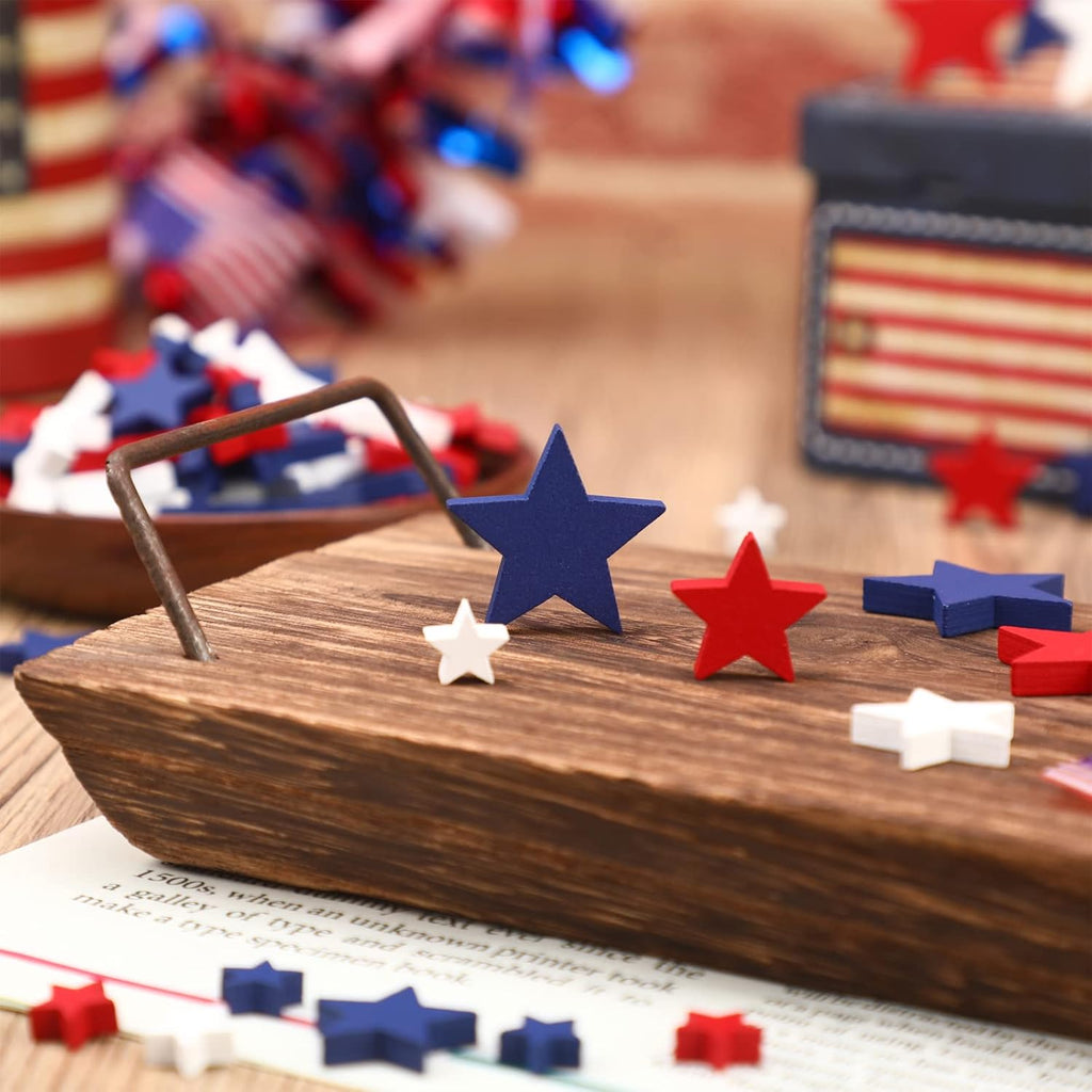 Bucherry 120 Pcs 4th of July Patriotic Wood Stars Red White Blue Crafts 250th Anniversary Independence Memorial Veterans Day DIY Craft Vase Bowl Filler Table Tiered Tray Decoration (0.4,0.8,1.2 Inch)