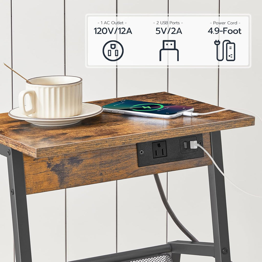 HOOBRO Side Table with Charging Station, Small End Table with Magazine Storage Rack, Industrial Nightstand for Small Spaces, Living Room, Bedroom, Dorm, Office, Rustic Brown and Black BF001UBZ01