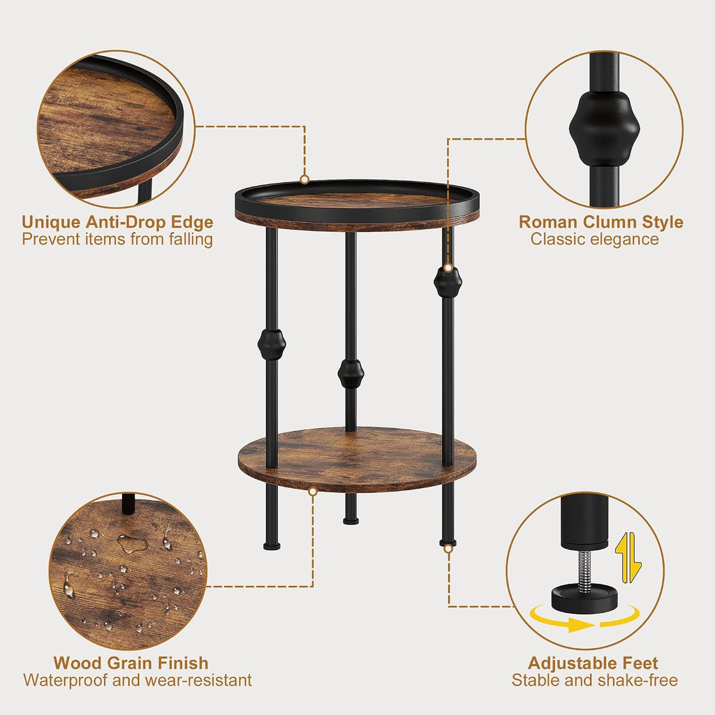 Farmhouse Round Side Table with Storage Shelf,2 Tier End Table with Raised Edge Tray Top,Accent Sofa Table for Small Space,Living Room,Bedroom,Rustic Brown