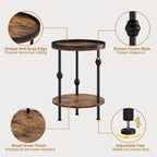 Farmhouse Round Side Table with Storage Shelf,2 Tier End Table with Raised Edge Tray Top,Accent Sofa Table for Small Space,Living Room,Bedroom,Rustic Brown