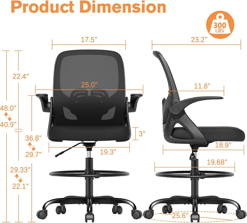 ORRSAKER Drafting Chair, Tall Office Chair with Flip-up Arms, Mesh Ergonomic Computer Standing Desk Chair with Adjustable Height Foot Ring and Lumbar Support, 300 LBS Capacity, Black