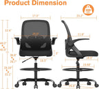 ORRSAKER Drafting Chair, Tall Office Chair with Flip-up Arms, Mesh Ergonomic Computer Standing Desk Chair with Adjustable Height Foot Ring and Lumbar Support, 300 LBS Capacity, Black