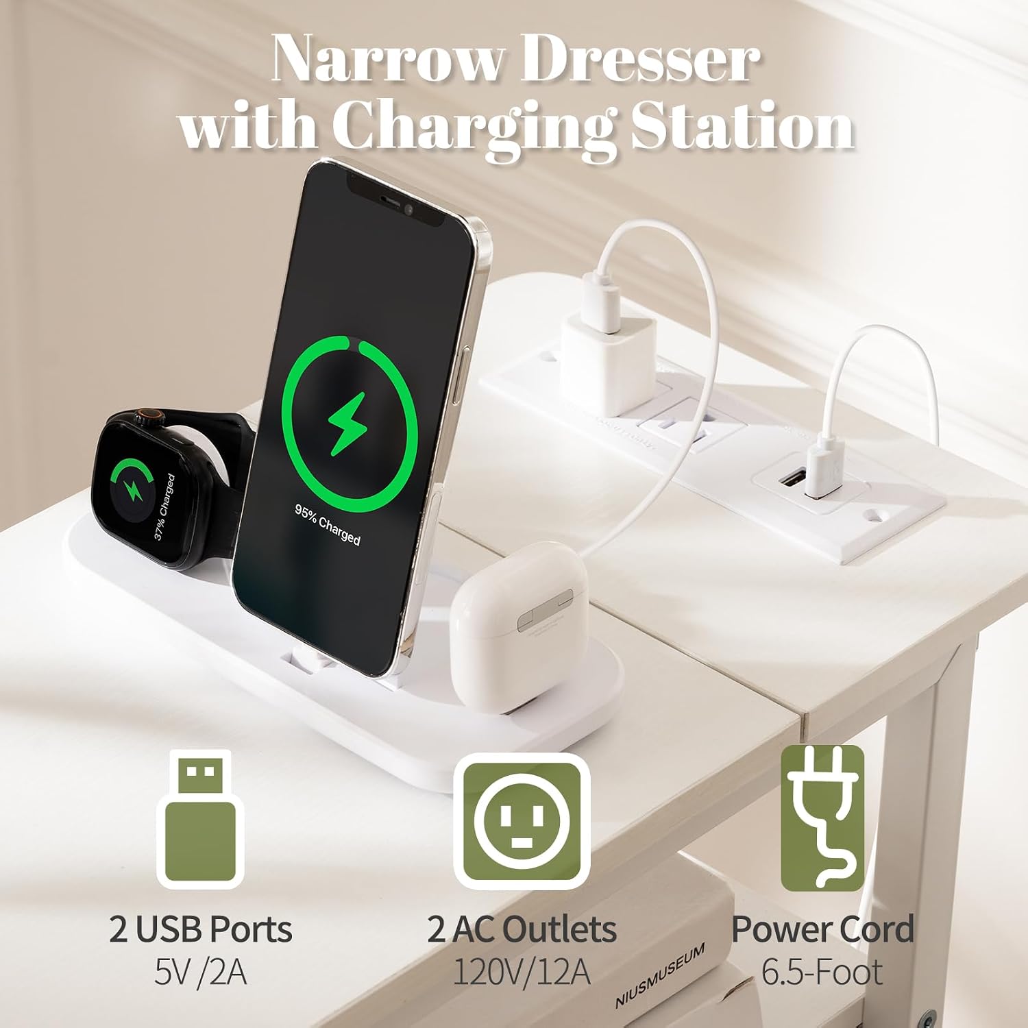 Yoobure LED Narrow Nightstand with Charging Station - Slim Dresser for Bedroom Narrow Side Table Storage Cabinet, Small Dressers Chest of Drawers, Tall Night Stand End Table for Small Spaces, White