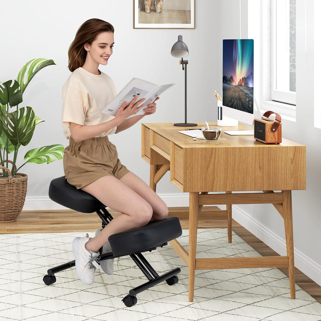 Giantex Ergonomic Kneeling Chair for Office, Knee Stool Chair w/Adjustable Height and Seat Angle to Relieve Pain, Posture Desk Chair w/Lockable Universal Wheels, Thick Padded Cushions, Black (1)