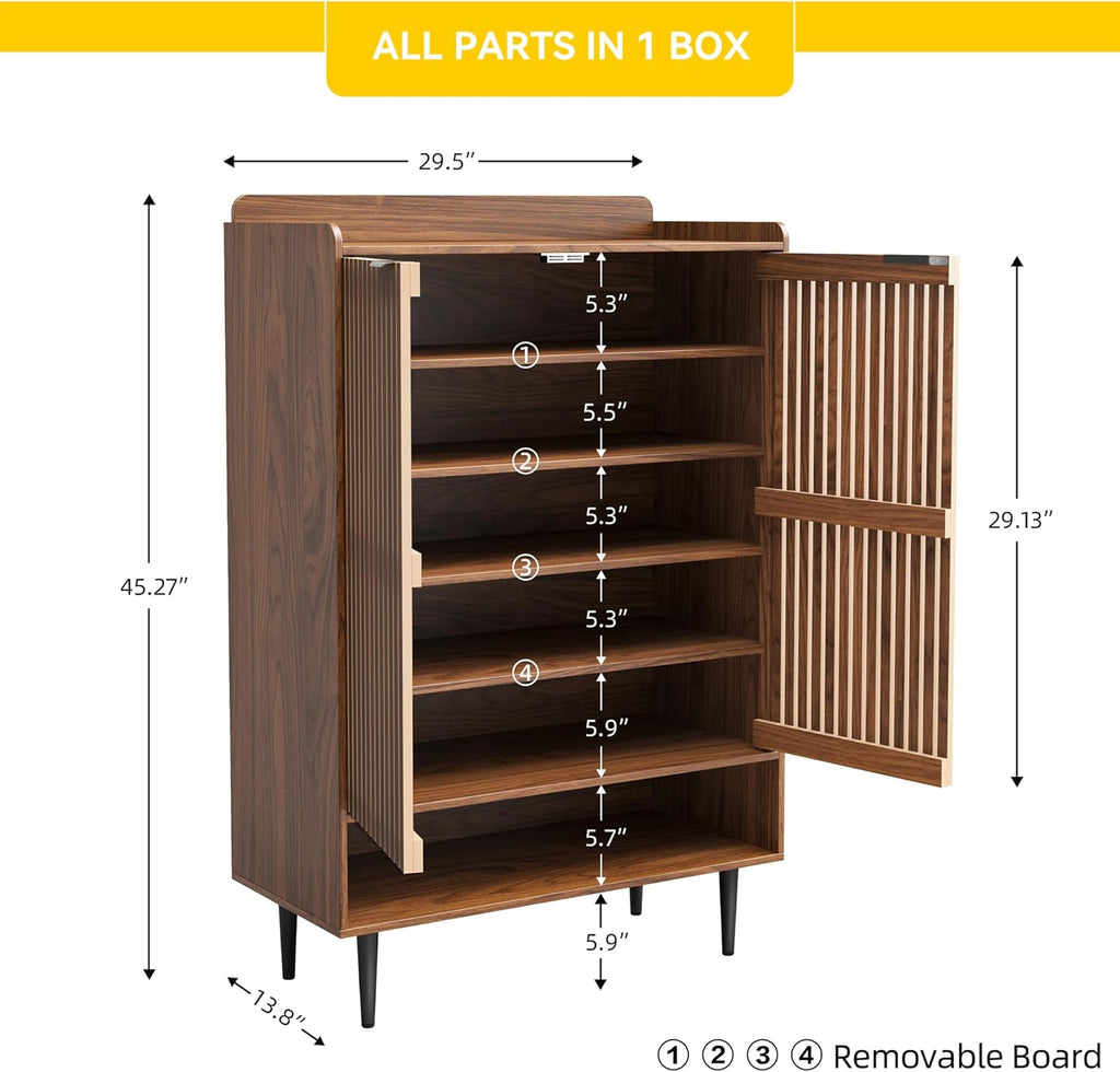 Shoe Cabinet with 2 Doors for Entryway, 21 Pairs Wooden Shoe Storage Cabinet with Adjustable Shelves, Farmhouse Hidden Shoe Organizer for Hallway & Mudroom, Slim Freestanding Shoe Cabinet, Walnut