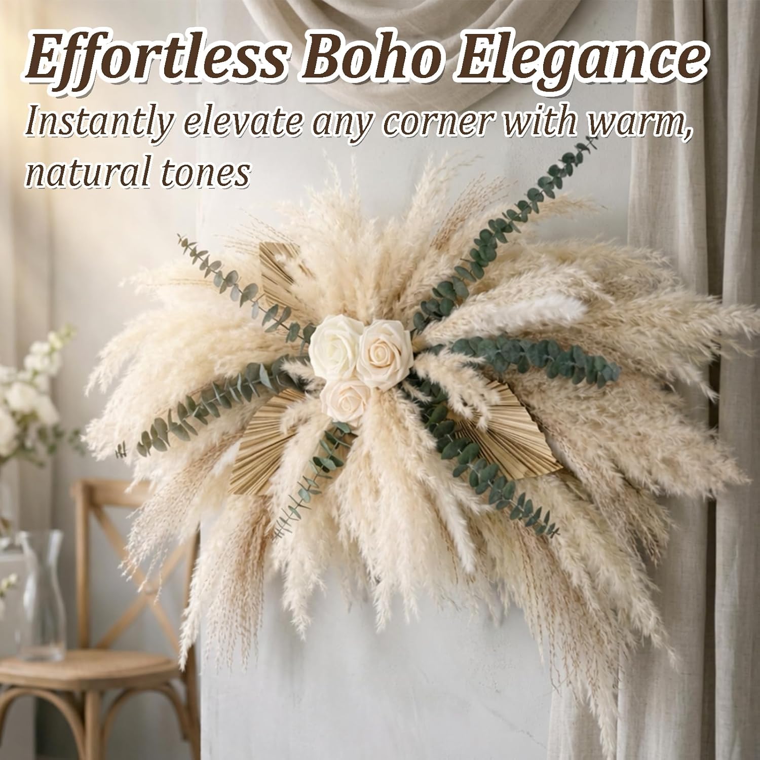 36-38" Large Pampas & Eucalyptus Wall Decor, DIY Artificial Roses & Natural Dried Boho Hanging Flowers for Wall, Mirror, Wedding Arch, Entryway Decor, Gift, Requires Assembly & Easy Install