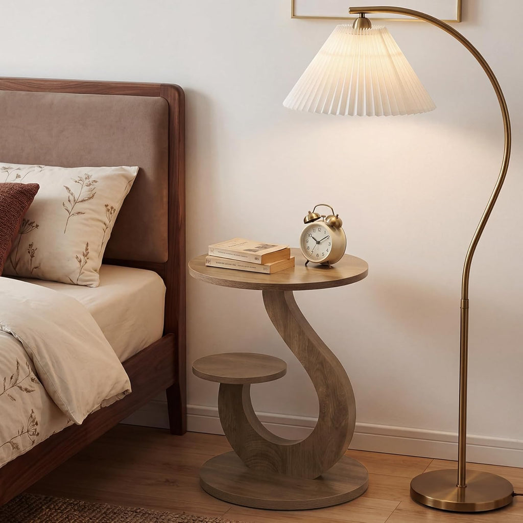 LITTLE TREE 2-Tier Round End Table, Small Side Table for Couch, Living Room, Bedroom, S-Shaped Accent Tables for Small Spaces, Walnut Finish