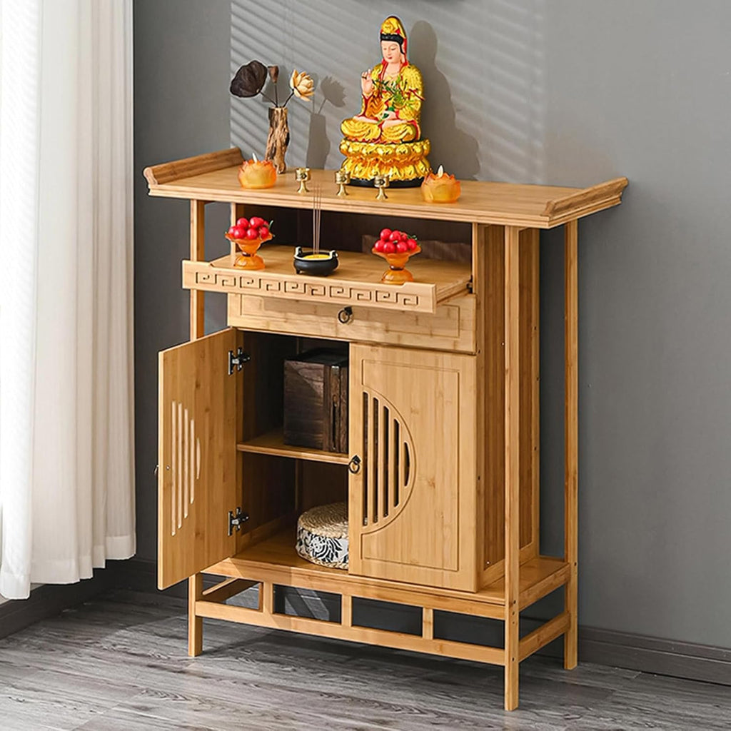 Personal Altar Table,Buddha Niche Buddhist Altars Cabinet with Drawer,Meditation Table with Storage(Light Color,L39IN)