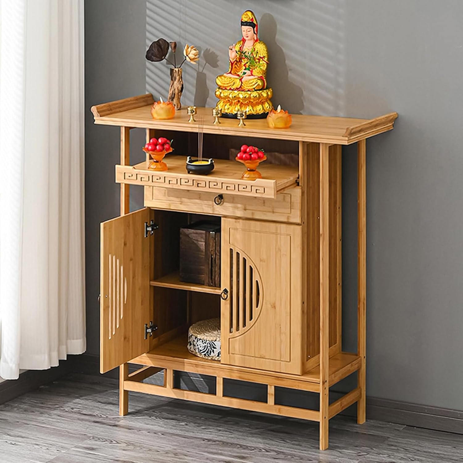 Personal Altar Table,Buddha Niche Buddhist Altars Cabinet with Drawer,Meditation Table with Storage(Light Color,L39IN)