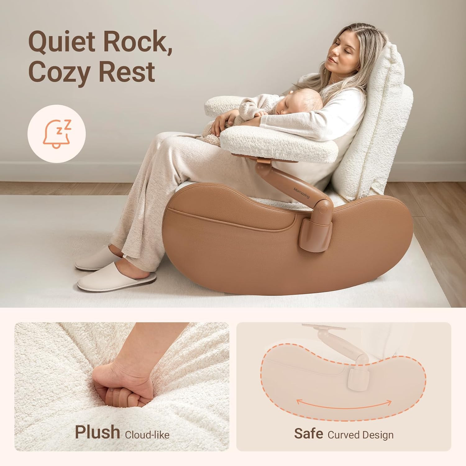 MAMAZING Lullabud Nursery Rocking Chair with Adjustable Armrests for Living Room, Upholstered Nursing Chair with Removable Cover for Breastfeeding(Brown/Beige)