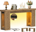 Cyclysio 63" Console Table with Outlet, Farmhouse Entryway Table with Colorful LED Lights, Wooden Sofa Table with Unique Carved Design, Foyer Accent Table for Entrance, Hallway, Living Room Natural