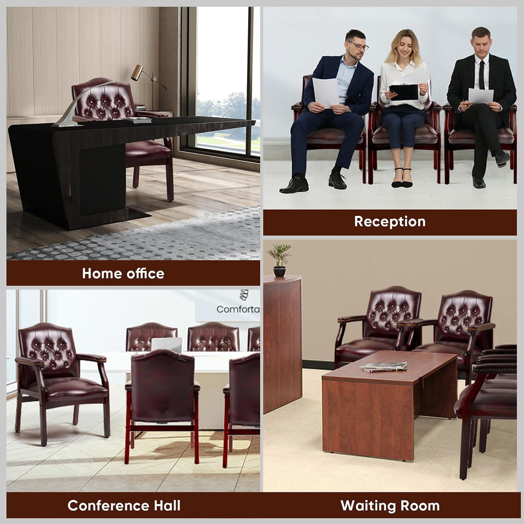 Leather Office Guest Chairs Set of 2, Ergonomic Waiting Room Chair with Arms Reception Chairs No Wheels Conference & Meeting Side Chairs Executive Furniture (Burgundy)