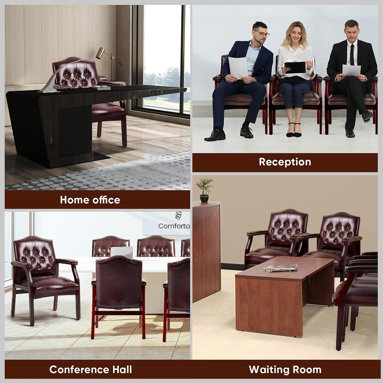 Leather Office Guest Chairs Set of 2, Ergonomic Waiting Room Chair with Arms Reception Chairs No Wheels Conference & Meeting Side Chairs Executive Furniture (Burgundy)